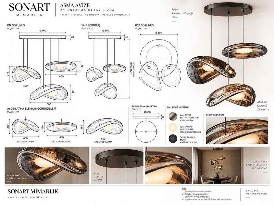 Asma avize imalat çizimi, shop drawing