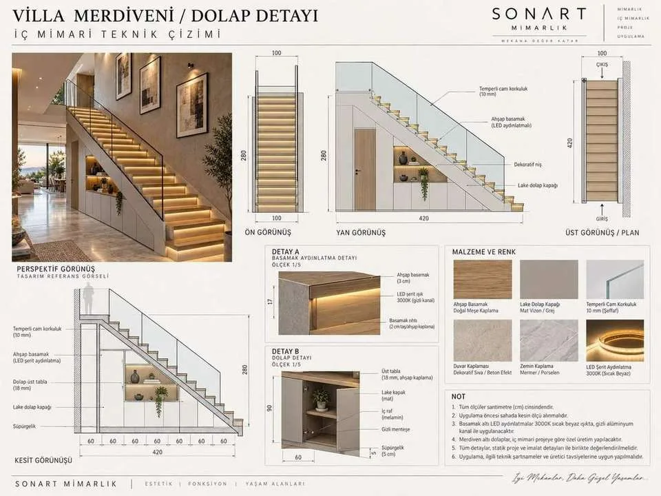 Villa merdiveni ve dolap shop drawing paftası, imalat detayı