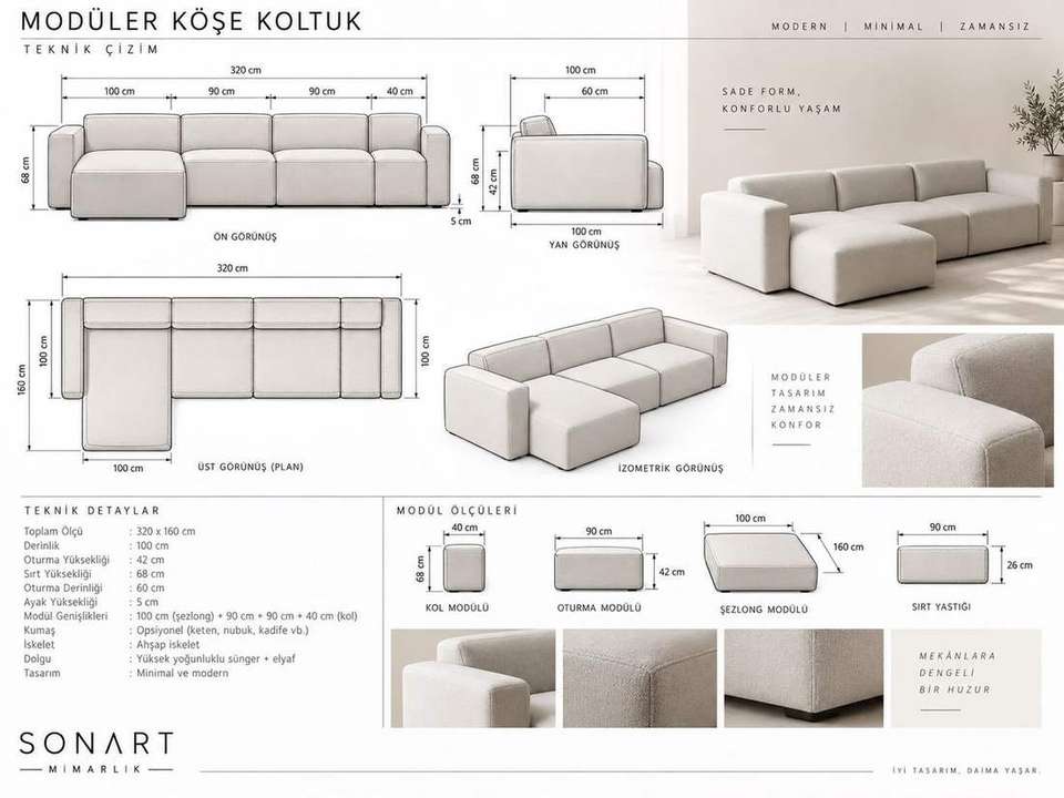 Modüler köşe koltuk teknik çizimi