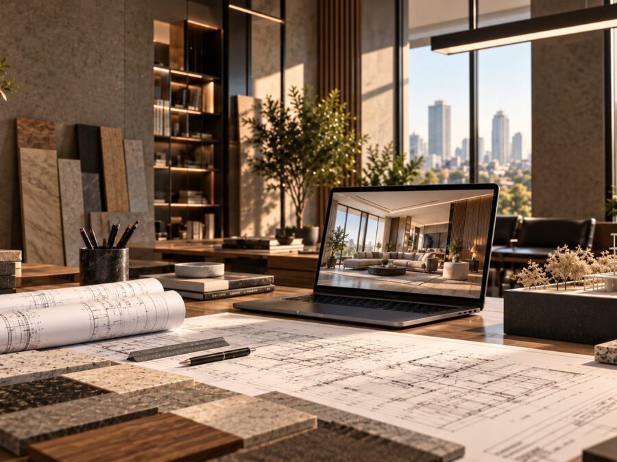 3D modelleme ve görselleştirme: dizüstü bilgisayarda iç mekân renderı, maket ve malzeme örnekleri