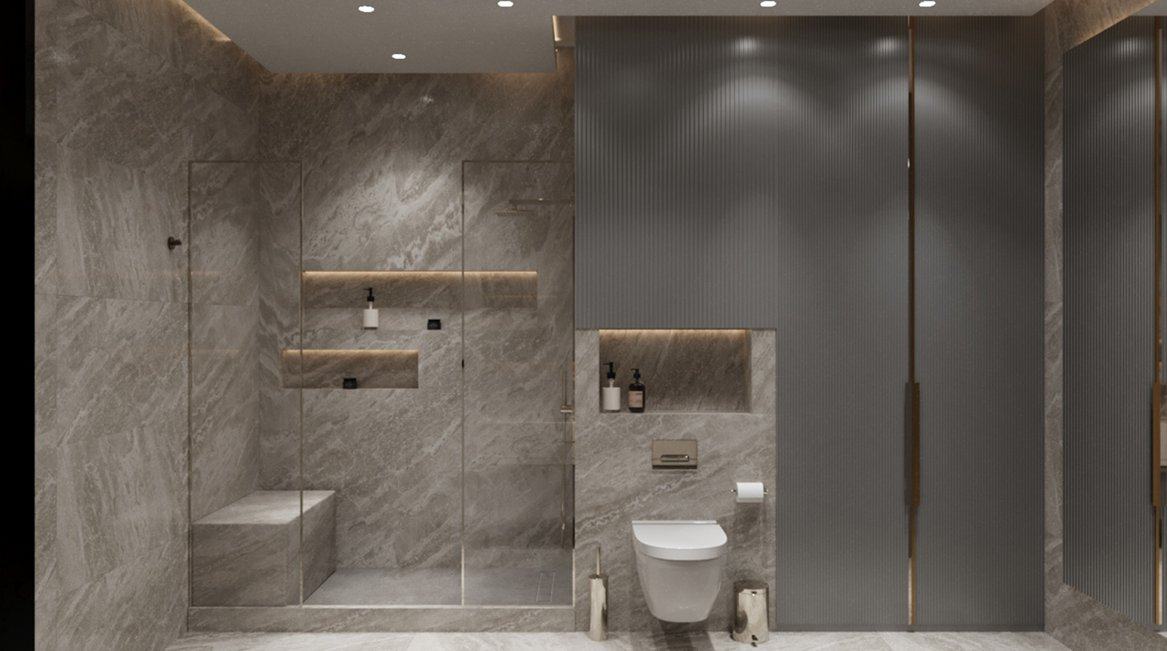 Banyo tasarımı: gri mermer, koyu dolaplar ve gömme niş