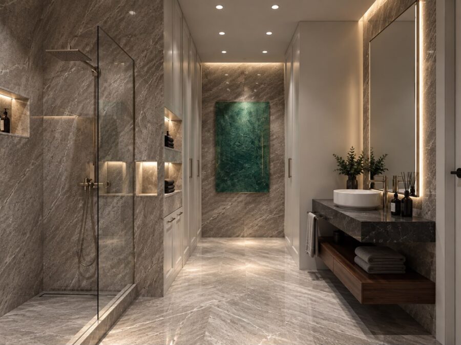 Banyo: gri mermer yüzeyler, camlı duş ve aydınlatmalı ayna